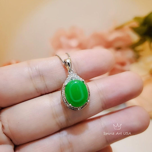Gorgeous Green Jade Necklace - Diamond Halo Sterling Silver White Gold coated Green Jade Pendant 1038