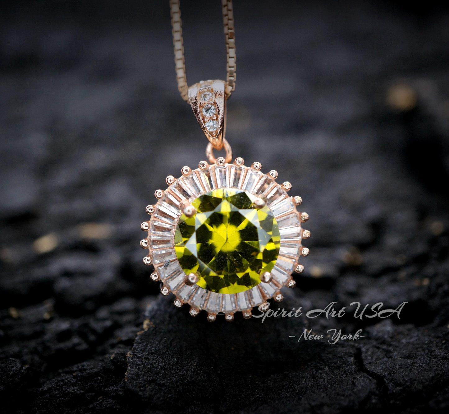 Rose Gold Peridot Necklace Sterling Silver Round Sunshine Large 4 CT Lab Green Peridot Pendant August Birthstone Green Jewelry #489