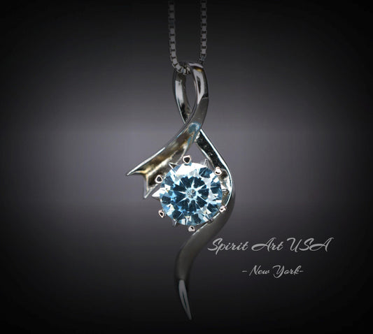 Blue Aquamarine Necklace, White Gold Coated Sterling Silver, Bow 2 CT Blue Gemstone Pendant, Swirl Infinity Jewelry Bridal Blue #938