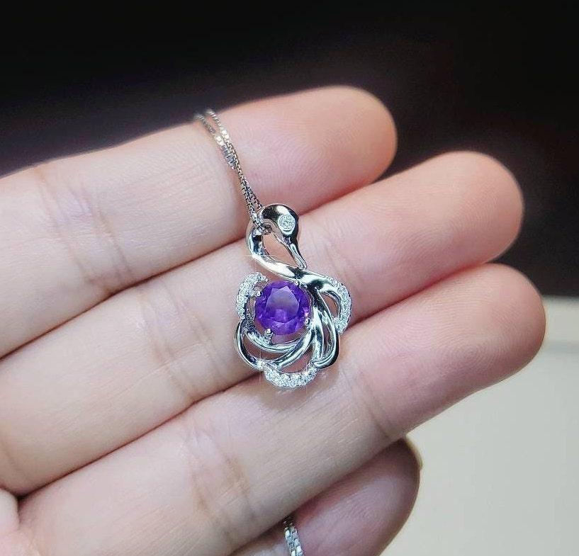 Gemstone Swan Genuine Amethyst Necklace - 18KGP @925 Sterling Silver Round Natural Amethyst Pendant #411