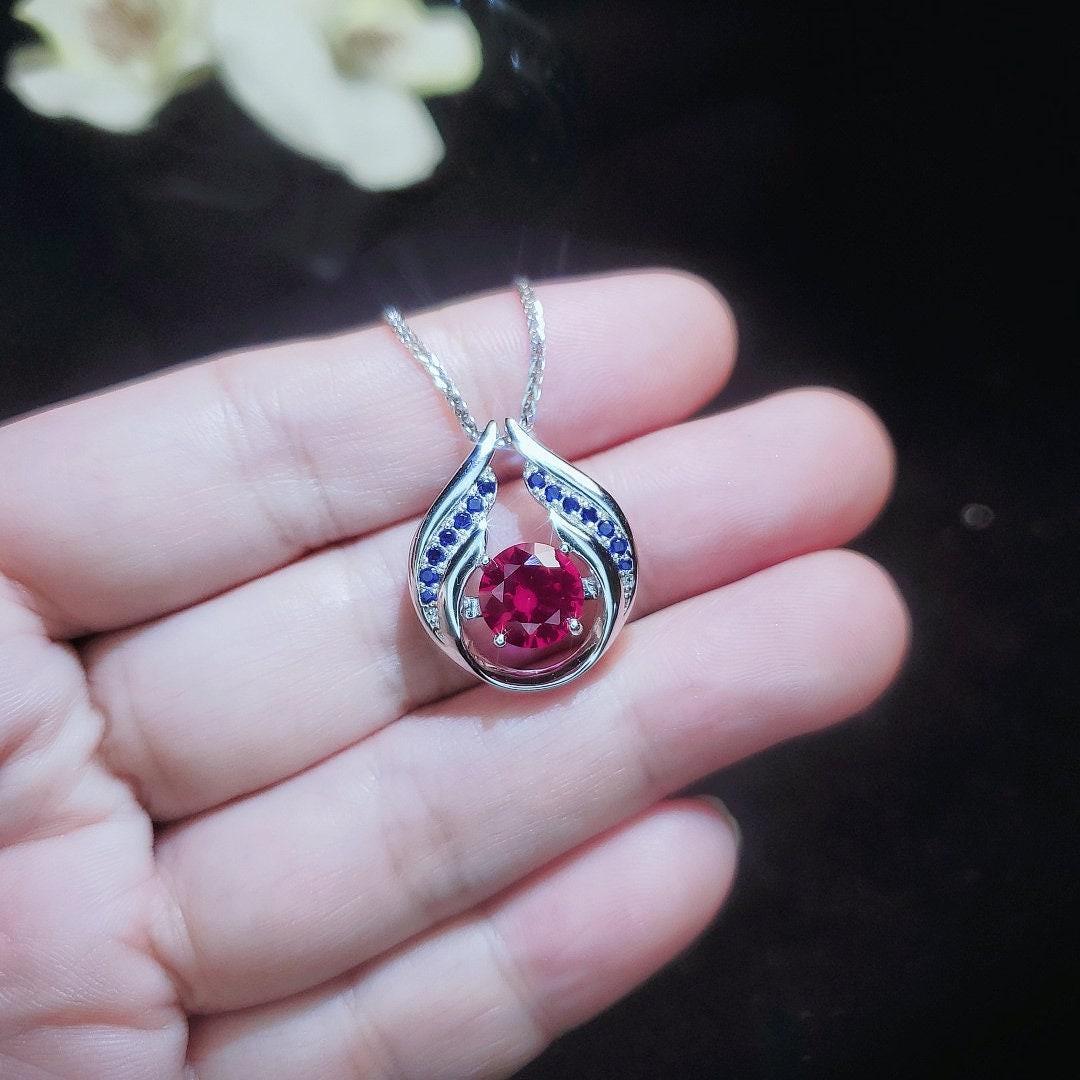 Ruby Necklace Sterling Silver Blue Sapphire Wing Jewelry 18kgp Hold Your Heart Red Ruby Jewelry #530