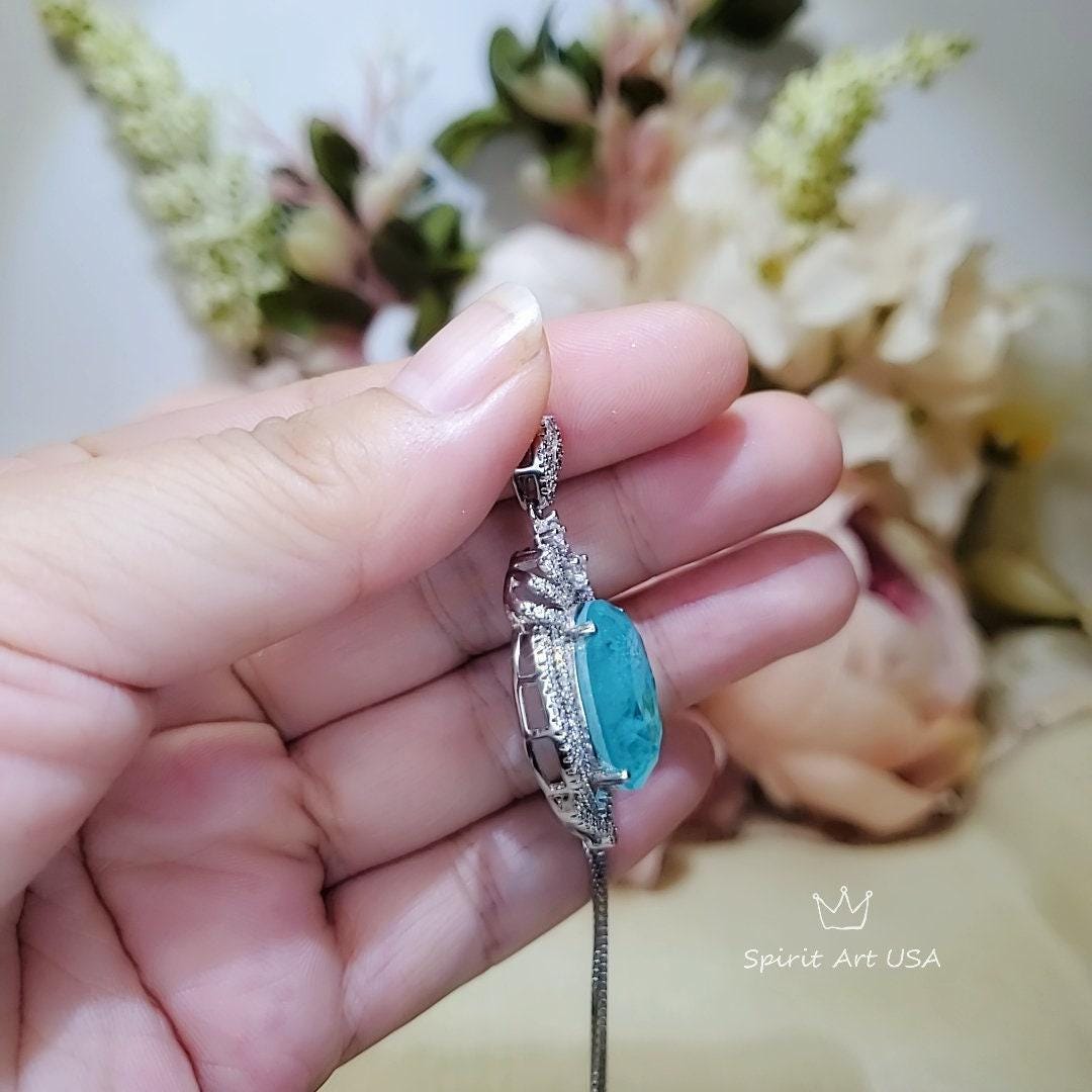 Paraiba Necklace Sterling Silver 14 CT Blue Paraiba Tourmaline Necklace Gemstone Royal Crown Flower Blue Gemstone Jewelry #977