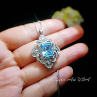 Gorgeous Large Blue Aquamarine Necklace Diamond 18kgp @ Sterling Silver flower of Ascension Pendant Faceted Rectangle 5 CT Aquamarine #897