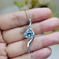 Blue Aquamarine Necklace, White Gold Coated Sterling Silver, Bow 2 CT Blue Gemstone Pendant, Swirl Infinity Jewelry Bridal Blue #938