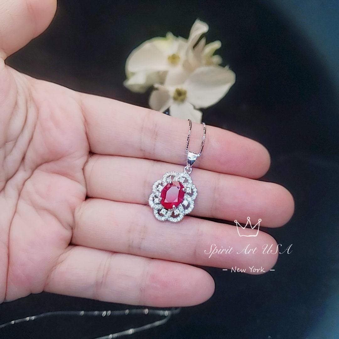 Ruby Necklace 925 Sterling Silver Gemstone Flower 18KGP Ruby Pendant #428