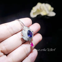 Tanzanite Necklace - Gemstone Lotus Flower Pendant - Sterling Silver - Teardrop Halo Large Deep Blue Tanzanite 2.75 CT #921