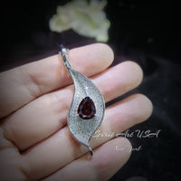 Garnet Necklace - 18kgp @ Sterling Silver Leaf Necklace - Gemstone Leaf - Teardrop Garnet Pendant - January Birthstone Anniversary Gift #886