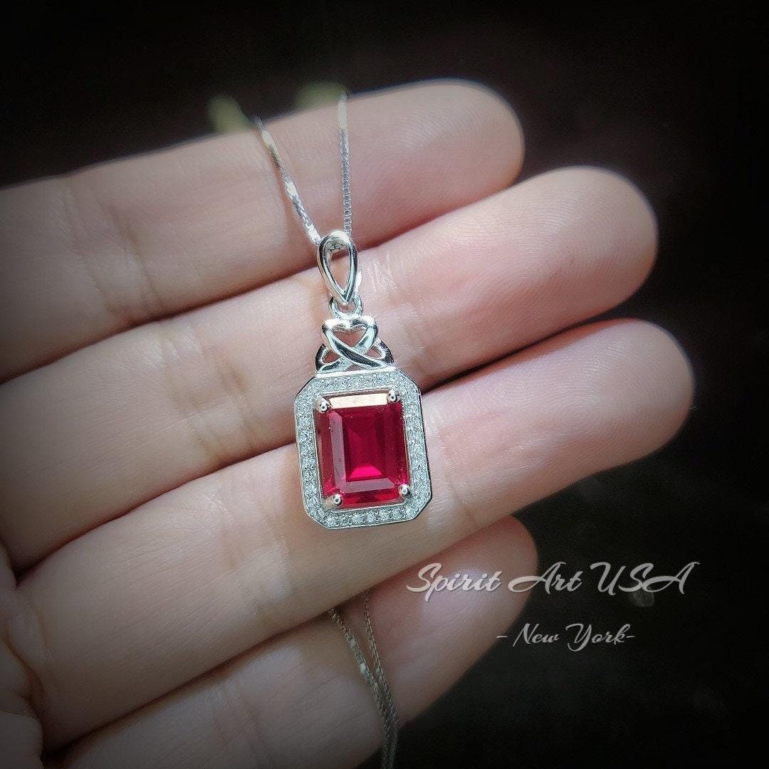 Ruby Necklace Rectangle red Pendant - 18KGP @ Sterling Silver - July Birthstone chain #299