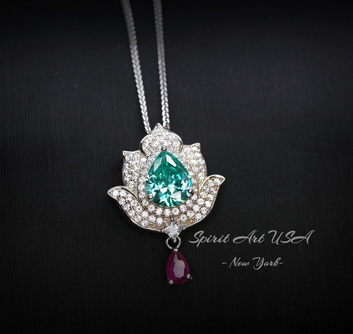Green Paraiba Tourmaline Necklace - 18KGP @ Sterling Silver - Gemstone Lotus Flower Necklace - Large Paraiba Pendant #923