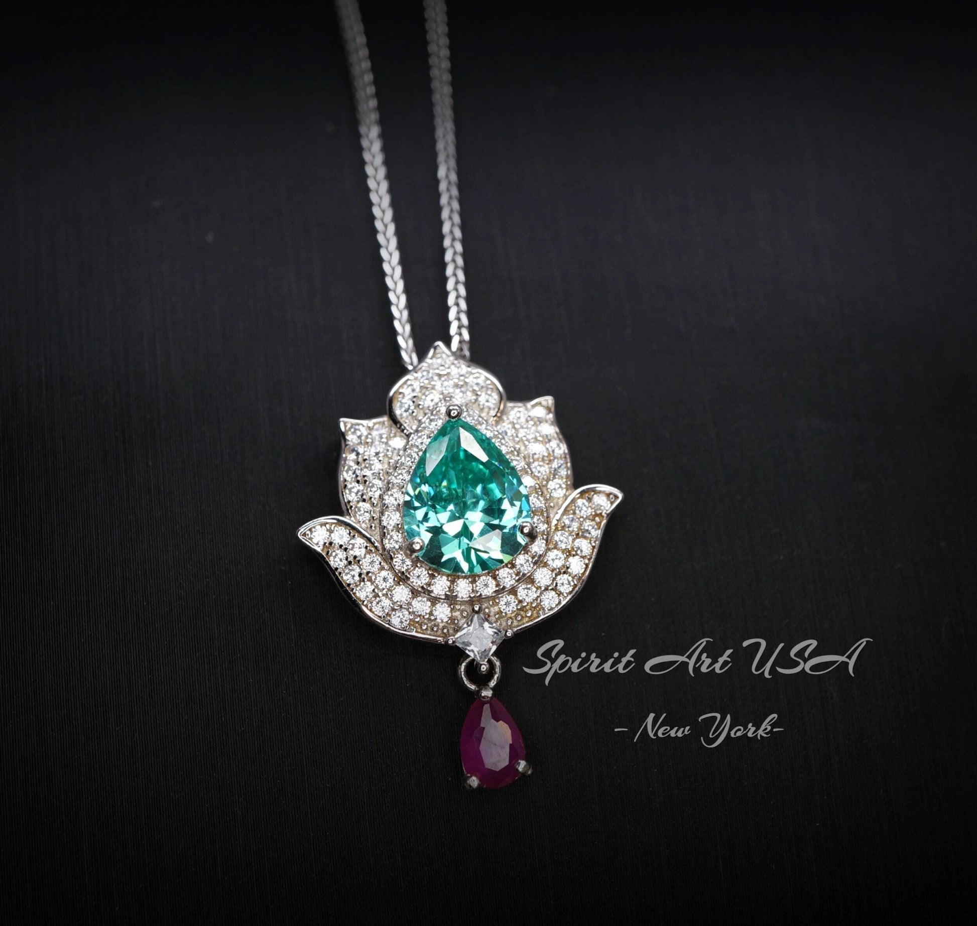 Green Paraiba Tourmaline Necklace - 18KGP @ Sterling Silver - Gemstone Lotus Flower Necklace - Large Paraiba Pendant #923