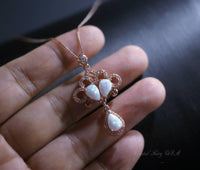 Rose Gold Opal Necklace - Fire White Opal Tassel Necklace - Wedding Bridal Pendant, Phoenix Jewelry Synthetic Fire Opal Flower #532