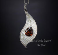 Garnet Necklace - 18kgp @ Sterling Silver Leaf Necklace - Gemstone Leaf - Teardrop Garnet Pendant - January Birthstone Anniversary Gift #886