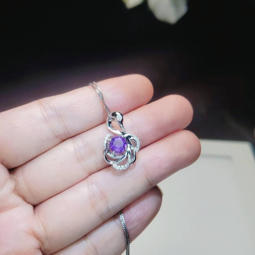 Gemstone Swan Genuine Amethyst Necklace - 18KGP @925 Sterling Silver Round Natural Amethyst Pendant #411