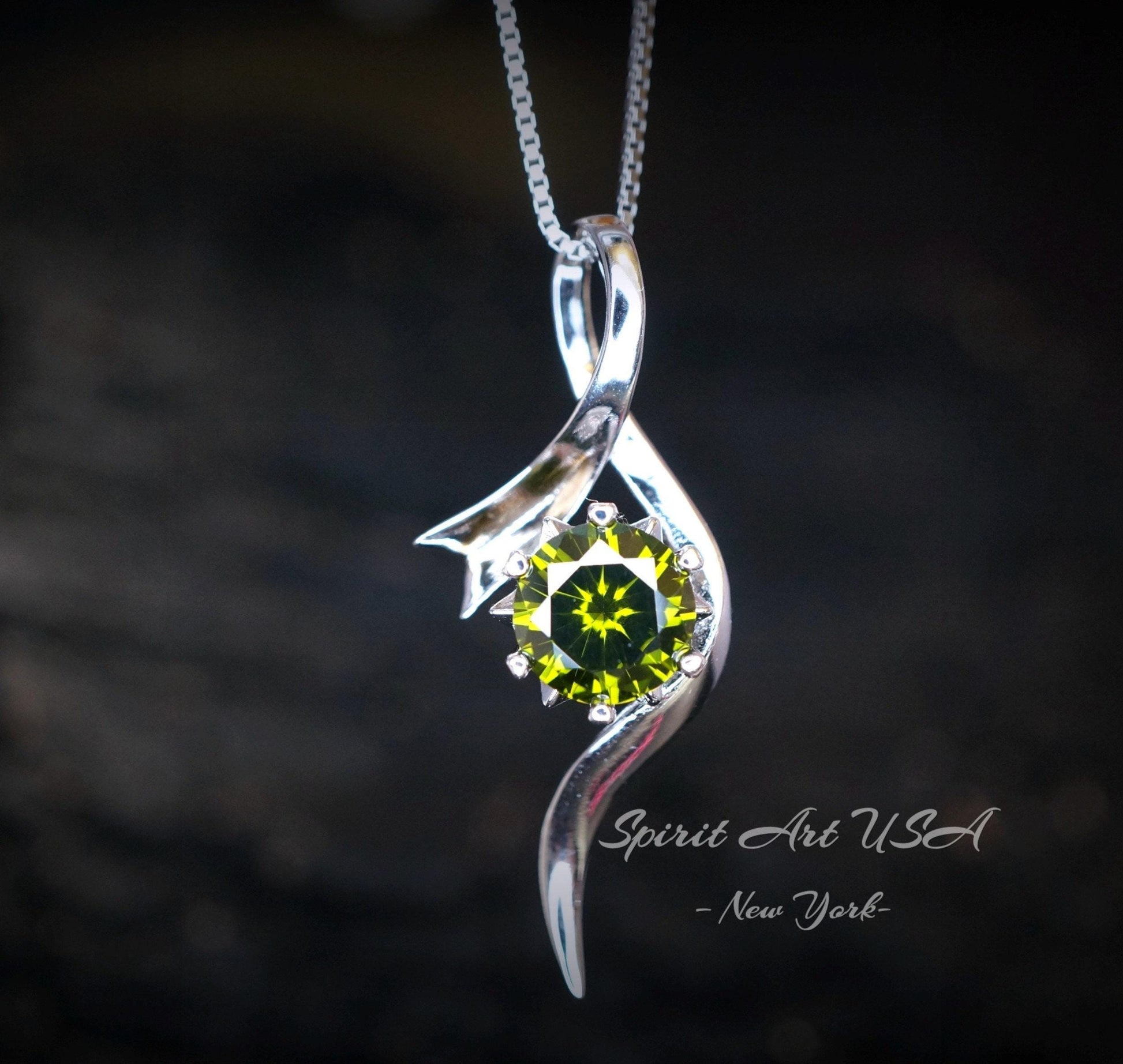 Sterling Silver Bow Peridot Necklace - White Gold coated Swirl Infinity Dynamic 2 CT Green Peridot Pendant - August Birthstone #510