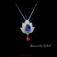 Tanzanite Necklace - Gemstone Lotus Flower Pendant - Sterling Silver - Teardrop Halo Large Deep Blue Tanzanite 2.75 CT #921