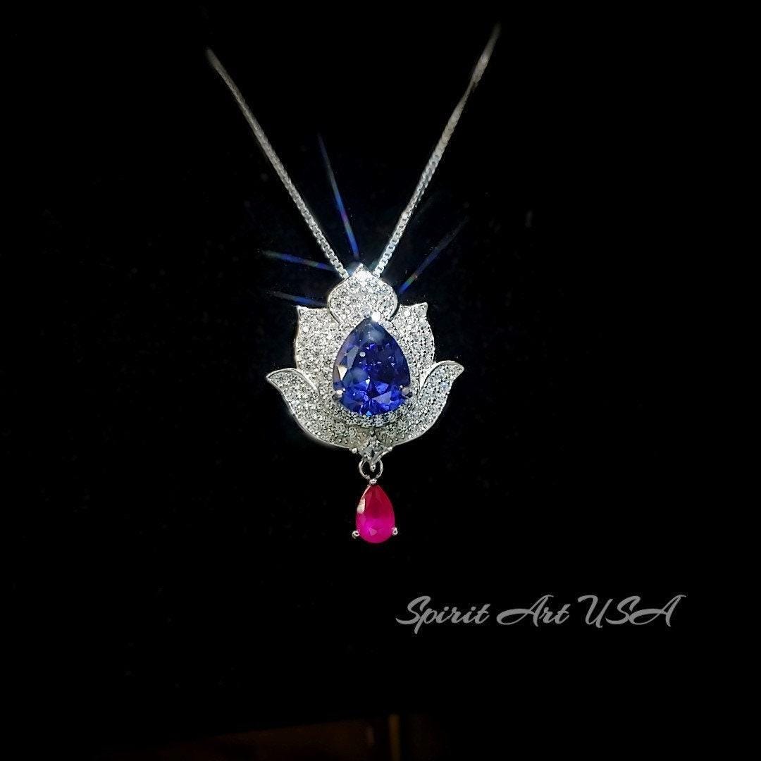 Tanzanite Necklace - Gemstone Lotus Flower Pendant - Sterling Silver - Teardrop Halo Large Deep Blue Tanzanite 2.75 CT #921