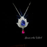 Tanzanite Necklace - Gemstone Lotus Flower Pendant - Sterling Silver - Teardrop Halo Large Deep Blue Tanzanite 2.75 CT #921