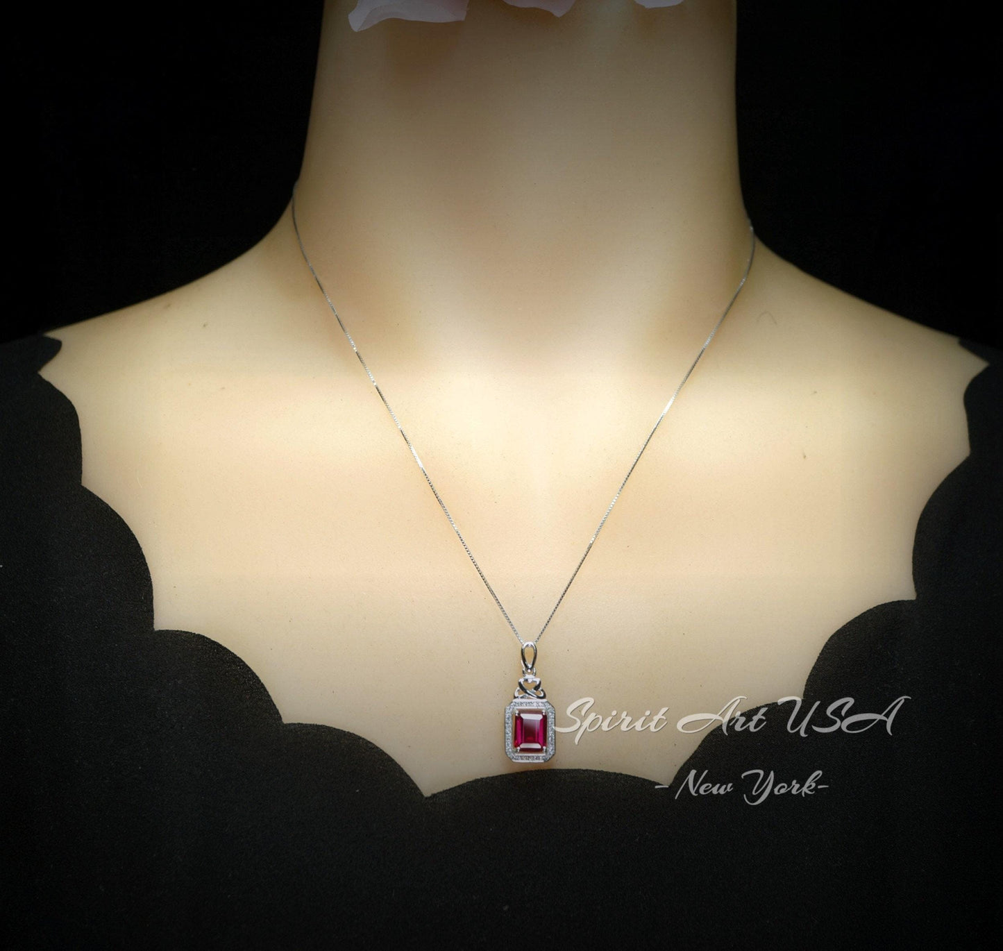Ruby Necklace Rectangle red Pendant - 18KGP @ Sterling Silver - July Birthstone chain #299