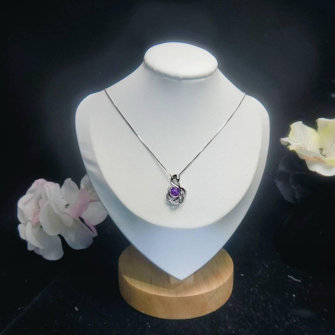Gemstone Swan Genuine Amethyst Necklace - 18KGP @925 Sterling Silver Round Natural Amethyst Pendant #411