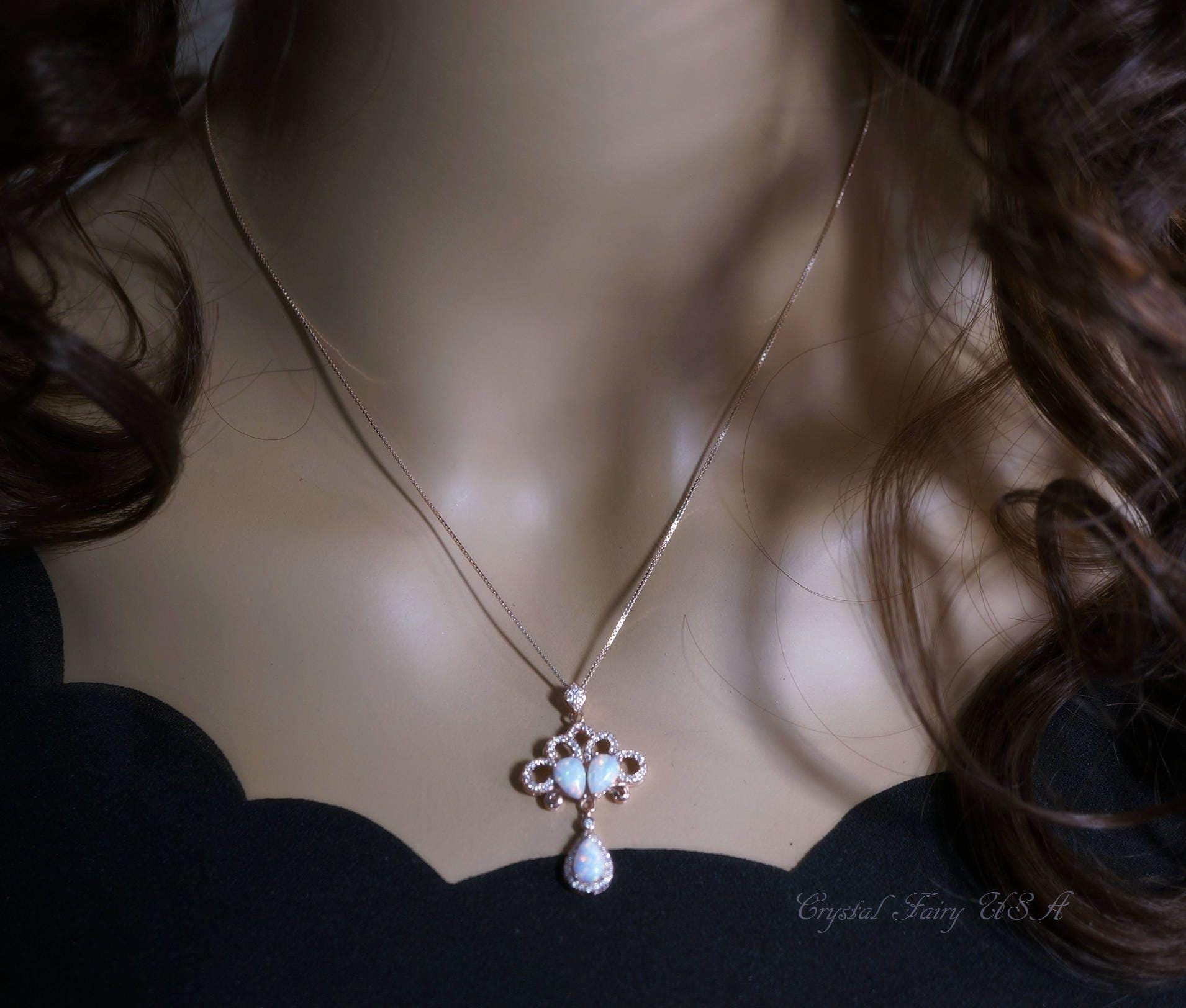 Rose Gold Opal Necklace - Fire White Opal Tassel Necklace - Wedding Bridal Pendant, Phoenix Jewelry Synthetic Fire Opal Flower #532