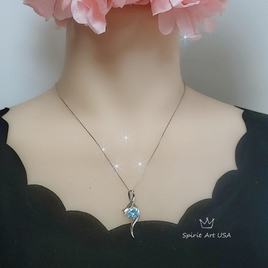 Blue Aquamarine Necklace, White Gold Coated Sterling Silver, Bow 2 CT Blue Gemstone Pendant, Swirl Infinity Jewelry Bridal Blue #938