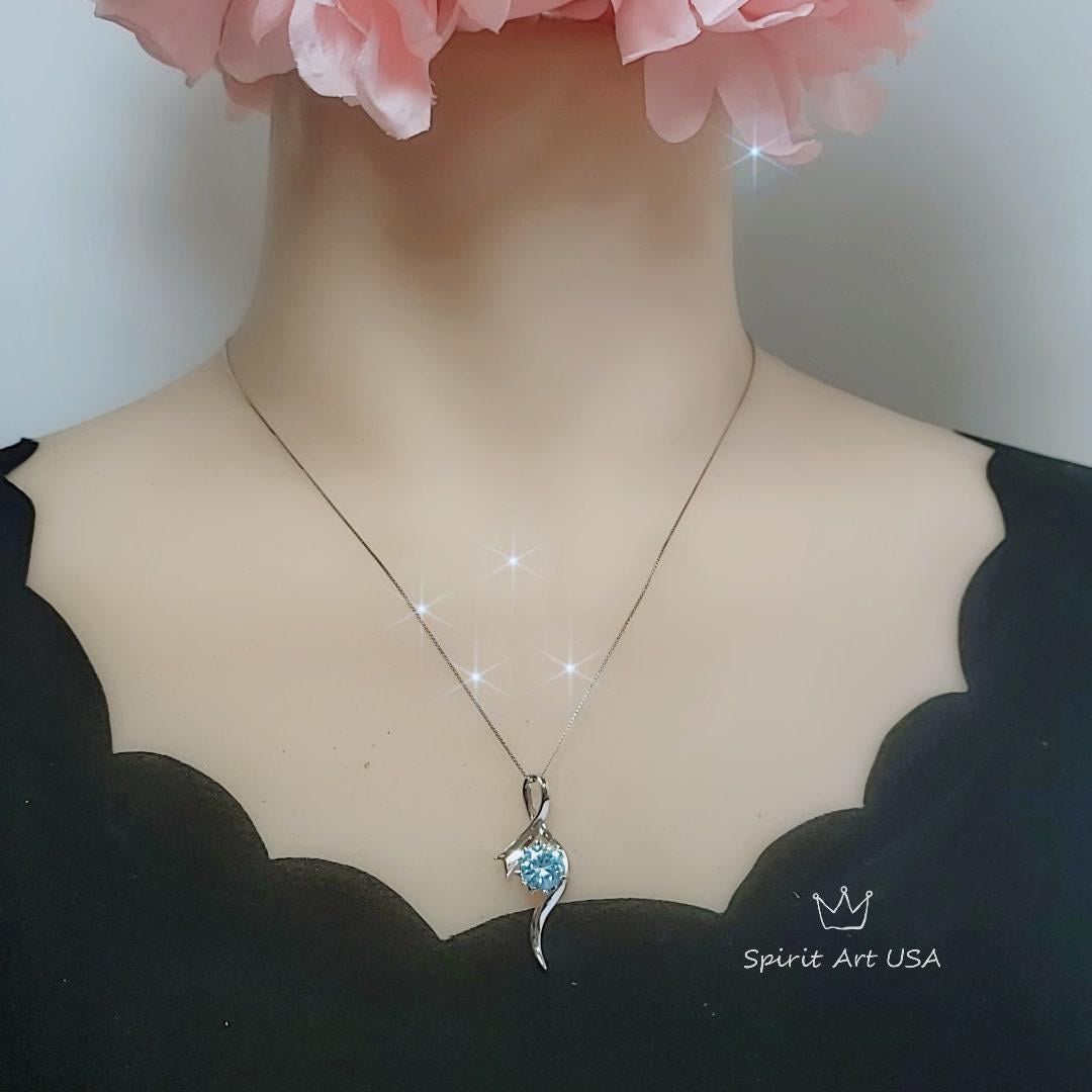 Blue Aquamarine Necklace, White Gold Coated Sterling Silver, Bow 2 CT Blue Gemstone Pendant, Swirl Infinity Jewelry Bridal Blue #938