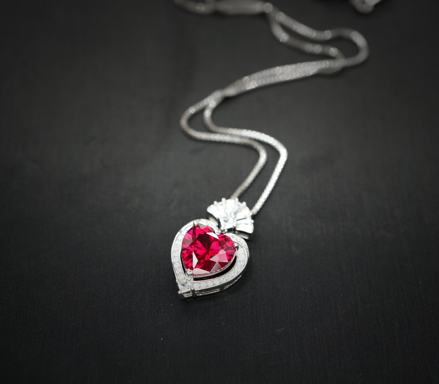 Ruby Heart Necklace - White Gold-Coated Sterling Silver - July birthstone 4 CT Red Ruby Pendant Adjustable Chain #419