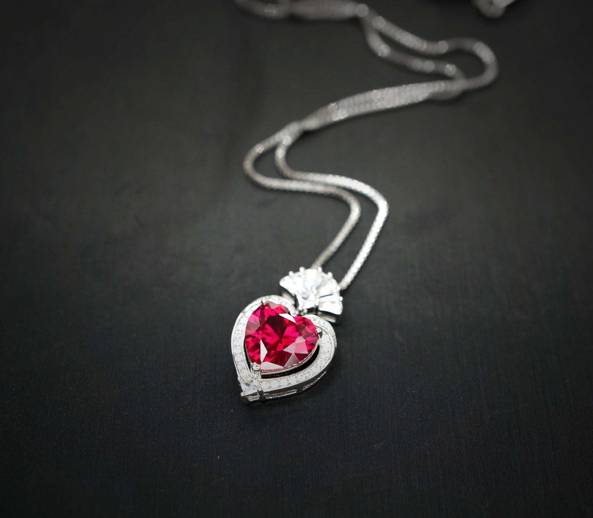 Ruby Heart Necklace - White Gold-Coated Sterling Silver - July birthstone 4 CT Red Ruby Pendant Adjustable Chain #419