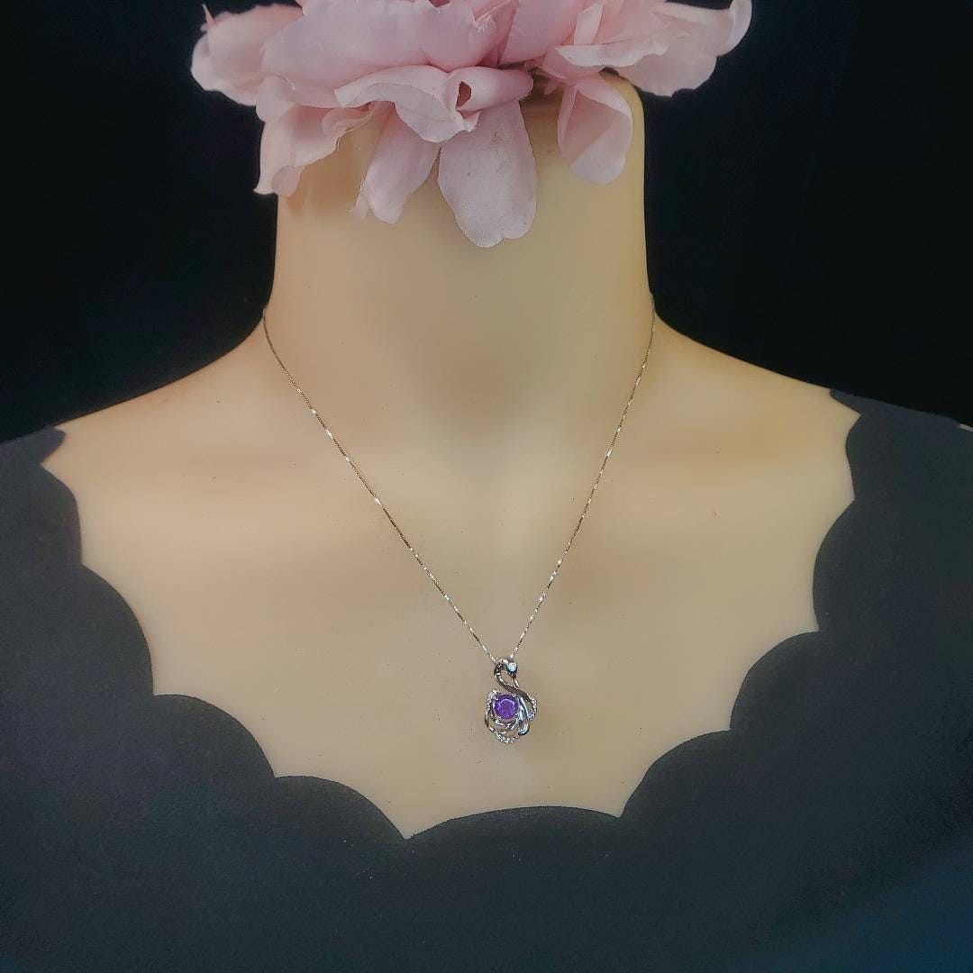 Gemstone Swan Genuine Amethyst Necklace - 18KGP @925 Sterling Silver Round Natural Amethyst Pendant #411