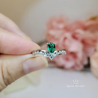 Tiny Teardrop Emerald Ring - Sterling Silver White gold coated Royal Wave Green Gemstone statement Ring 1064