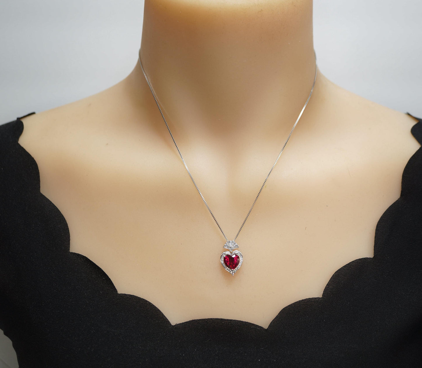 Ruby Heart Necklace - White Gold-Coated Sterling Silver - July birthstone 4 CT Red Ruby Pendant Adjustable Chain #419