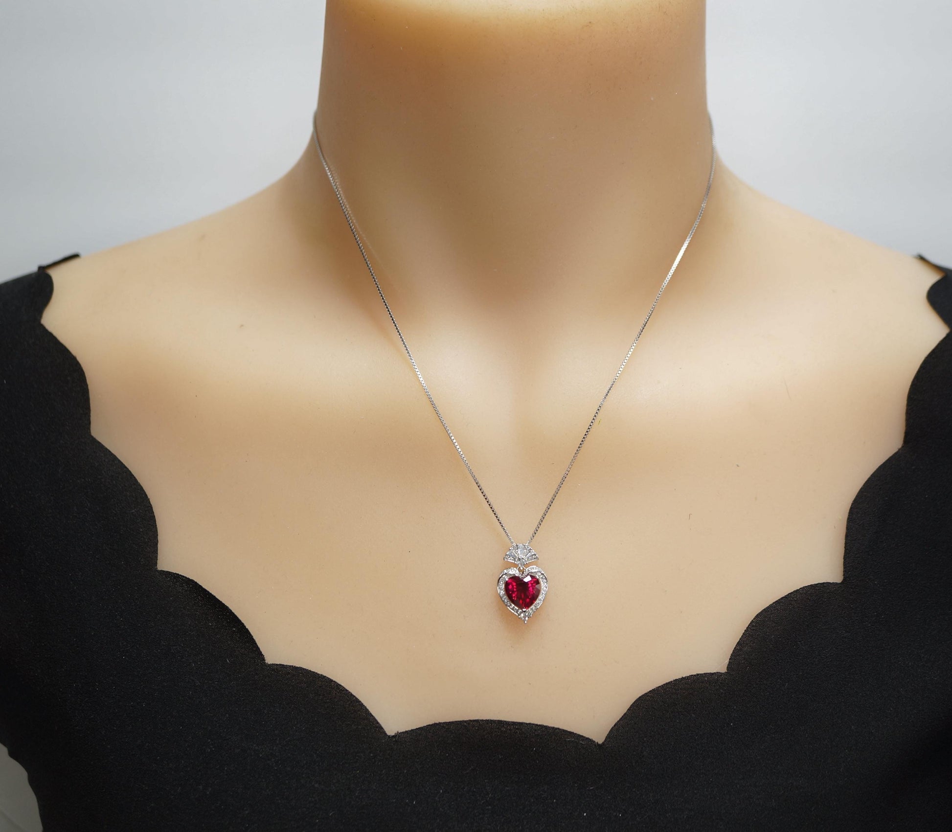 Ruby Heart Necklace - White Gold-Coated Sterling Silver - July birthstone 4 CT Red Ruby Pendant Adjustable Chain #419