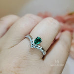Tiny Teardrop Emerald Ring - Sterling Silver White gold coated Royal Wave Green Gemstone statement Ring 1064