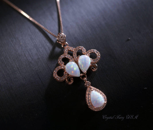 Rose Gold Opal Necklace - Fire White Opal Tassel Necklace - Wedding Bridal Pendant, Phoenix Jewelry Synthetic Fire Opal Flower #532