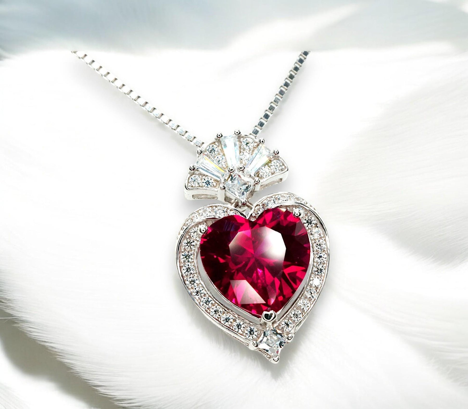 Ruby Heart Necklace - White Gold-Coated Sterling Silver - July birthstone 4 CT Red Ruby Pendant Adjustable Chain #419