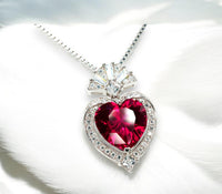Ruby Heart Necklace - White Gold-Coated Sterling Silver - July birthstone 4 CT Red Ruby Pendant Adjustable Chain #419