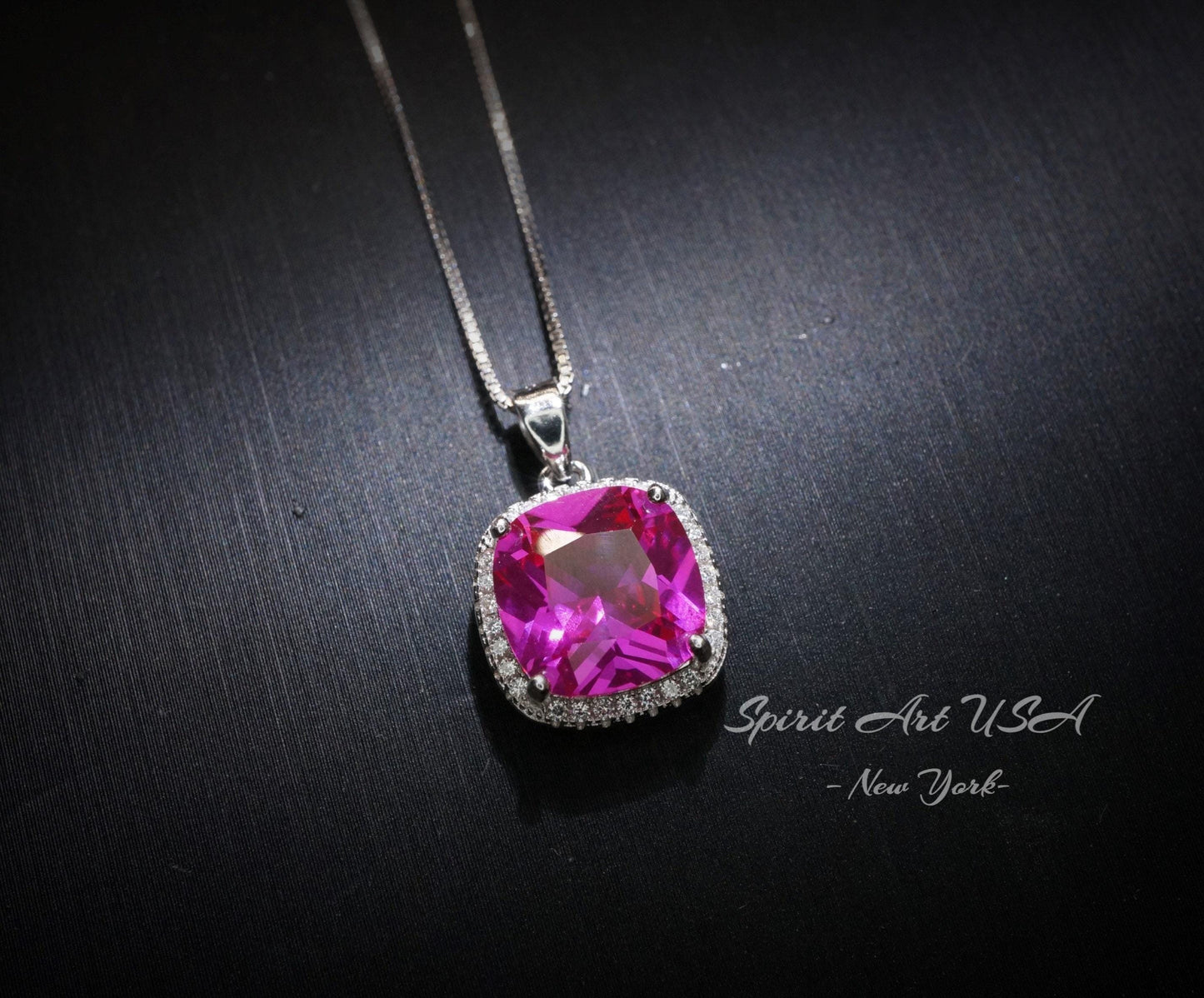 Pink Sapphire Necklace - 6CT Fuchsia Hot Pink Gemstone Pendant - Large Square Sapphire Jewelry Sterling Silver White Gold Plated #462