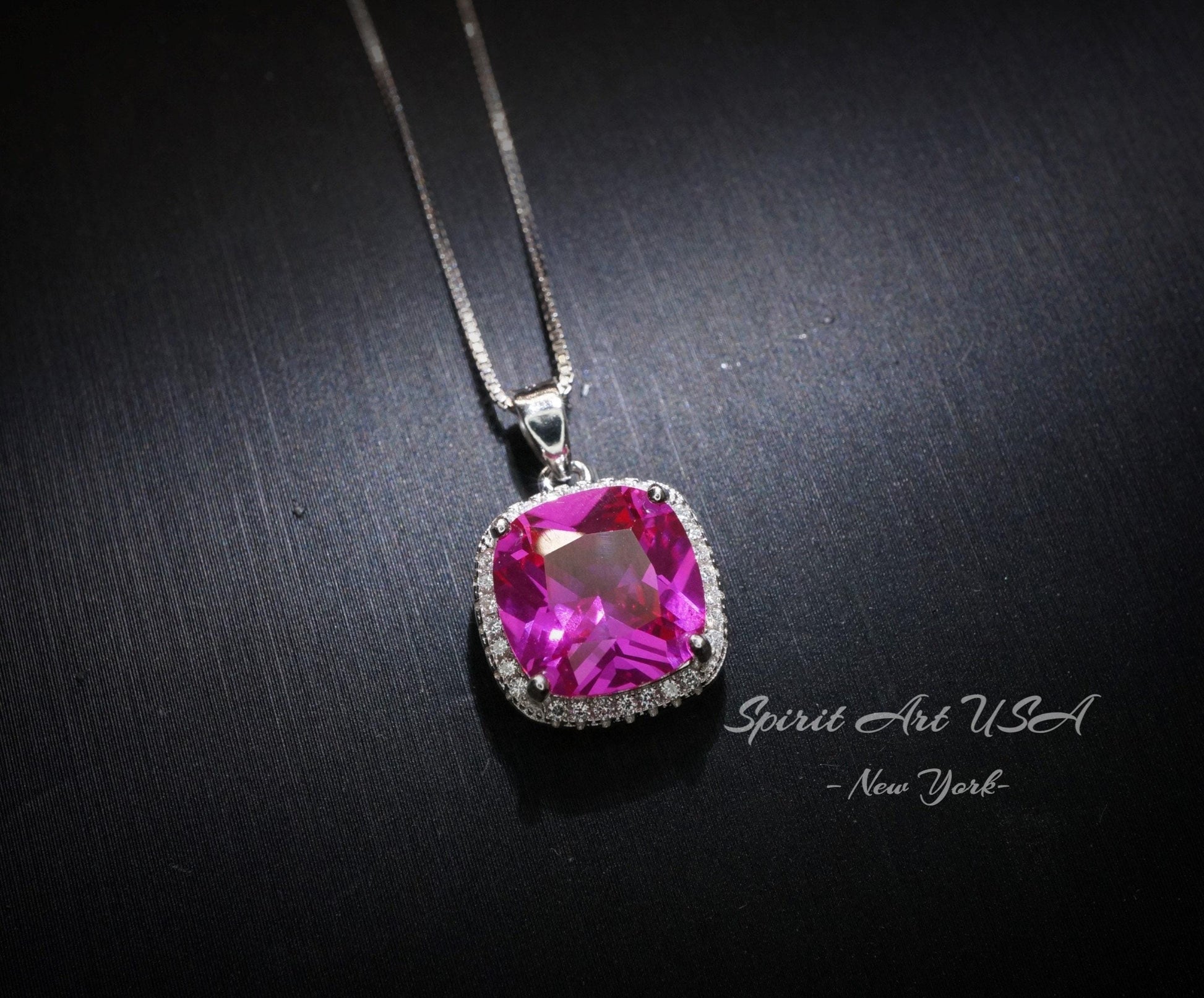 Pink Sapphire Necklace - 6CT Fuchsia Hot Pink Gemstone Pendant - Large Square Sapphire Jewelry Sterling Silver White Gold Plated #462