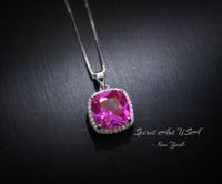 6CT Fuchsia Pink Sapphire Necklace - Large Square Sterling Silver White Gold Plated - Pink Sapphire Jewelry #462