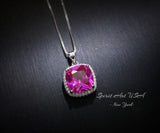 6CT Fuchsia Pink Sapphire Necklace - Large Square Sterling Silver White Gold Plated - Pink Sapphire Jewelry #462