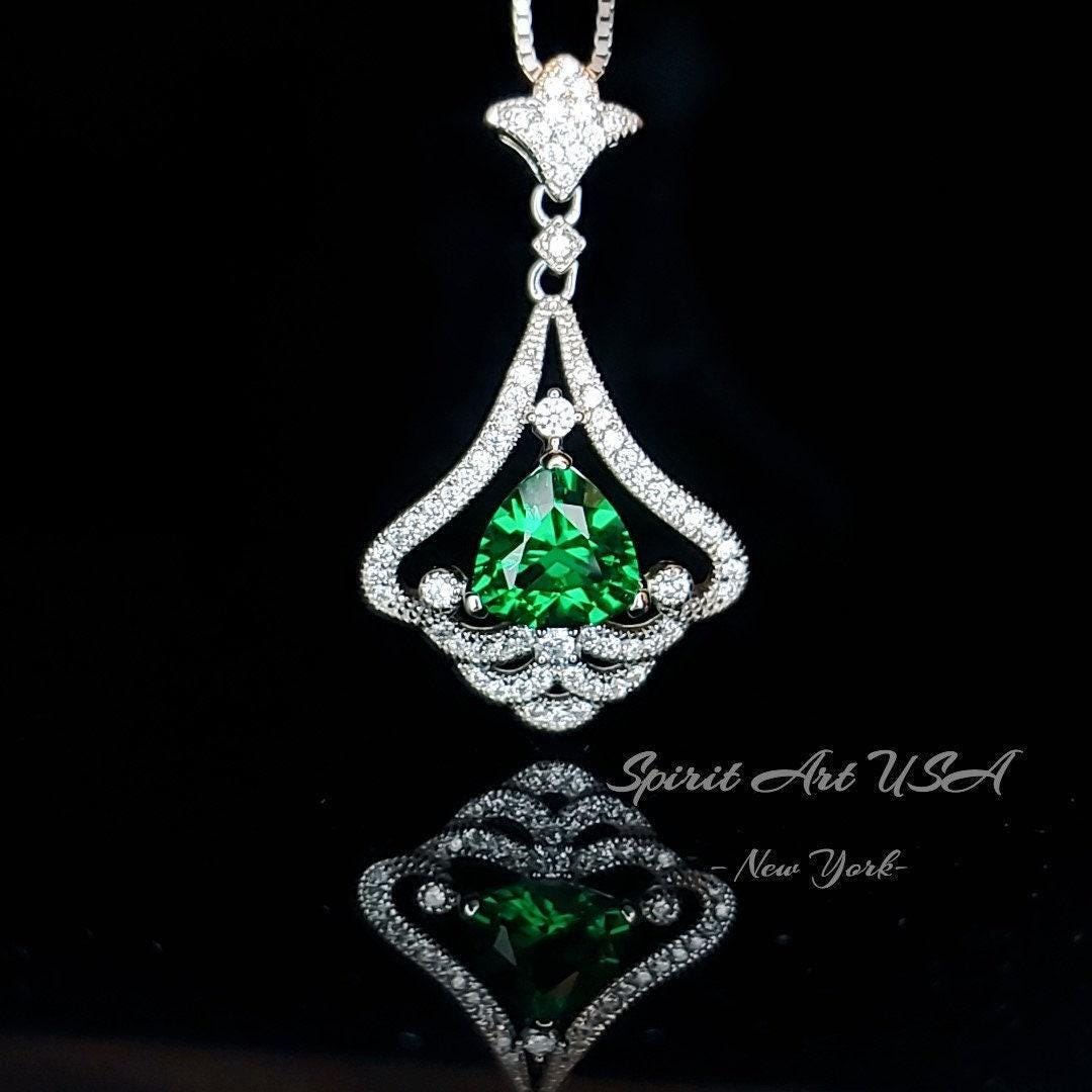 Mandolin flower Emerald Necklace - 1.2 ct Trillion Cut Green Emerald Pendant - White Gold coated Sterling Silver Gemstone Design #759