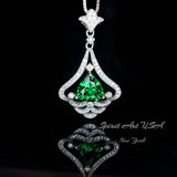 Mandolin flower Emerald Necklace - 1.2 ct Trillion Cut Green Emerald Pendant - White Gold coated Sterling Silver Gemstone Design #759