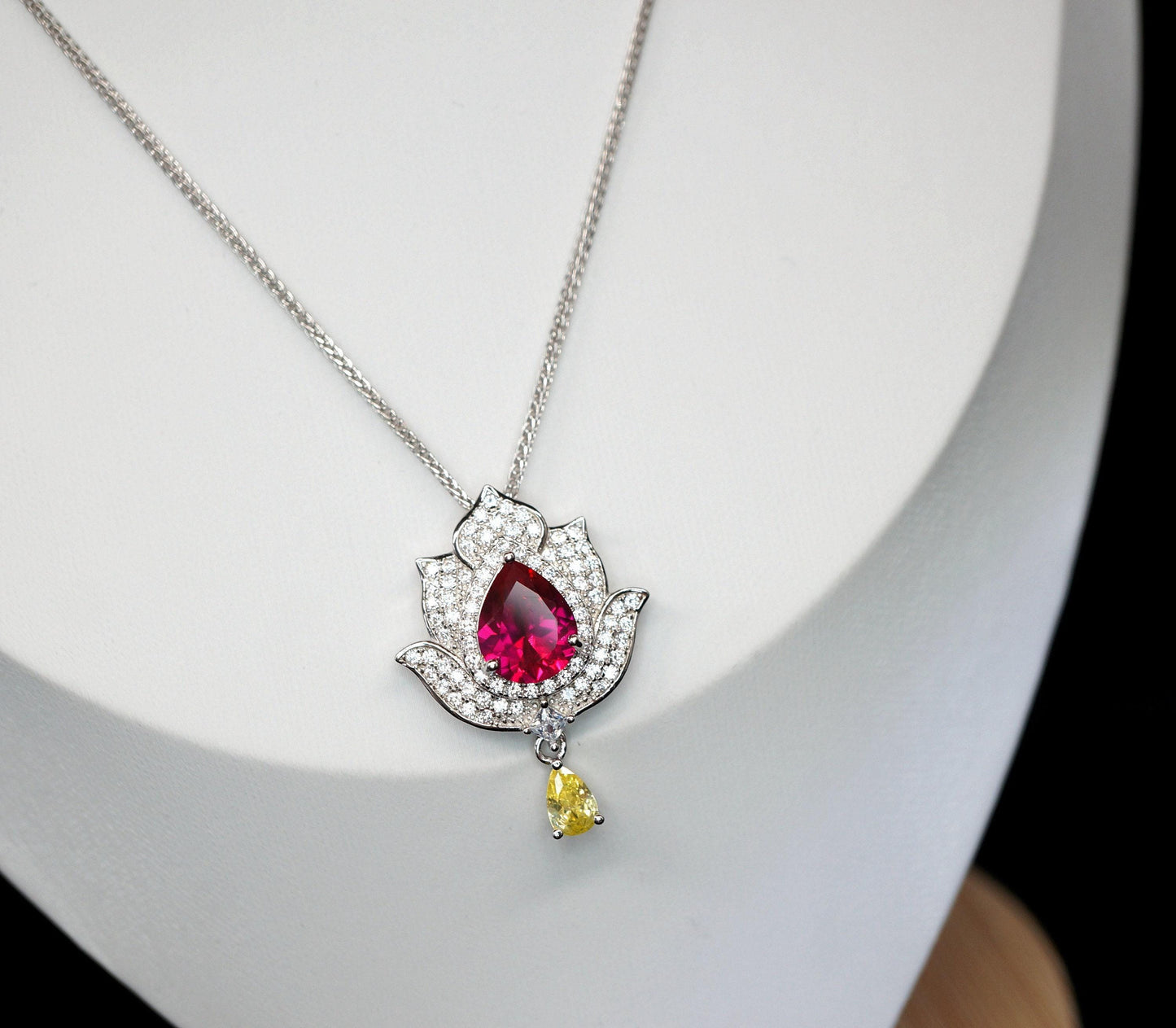 Ruby Necklace - Gemstone Lotus Flower Pendant - 18kGP @ Sterling Silver -Teardrop Halo Ruby Pendant #922