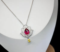 Ruby Necklace - Gemstone Lotus Flower Pendant - 18kGP @ Sterling Silver -Teardrop Halo Ruby Pendant #922