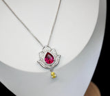 Ruby Necklace - Gemstone Lotus Flower Pendant - 18kGP @ Sterling Silver -Teardrop Halo Ruby Pendant #922