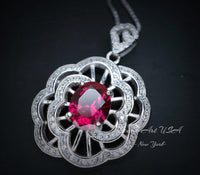 Gemstone Peony Red Ruby Necklace , 2.1 CT Red Ruby Pendant , Large White Gold plated Sterling Silver Flower #761
