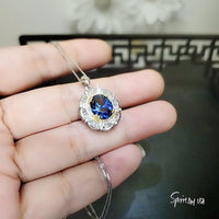 Royal Flower Blue Sapphire Necklace - Sterling Silver 3.5 CT Blue Sapphire Pendant - Large Diamond Flower Solitaire Blue Sapphire 1092