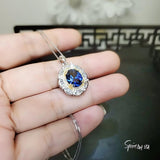 Royal Flower Blue Sapphire Necklace - Sterling Silver 3.5 CT Blue Sapphire Pendant - Large Diamond Flower Solitaire Blue Sapphire 1092