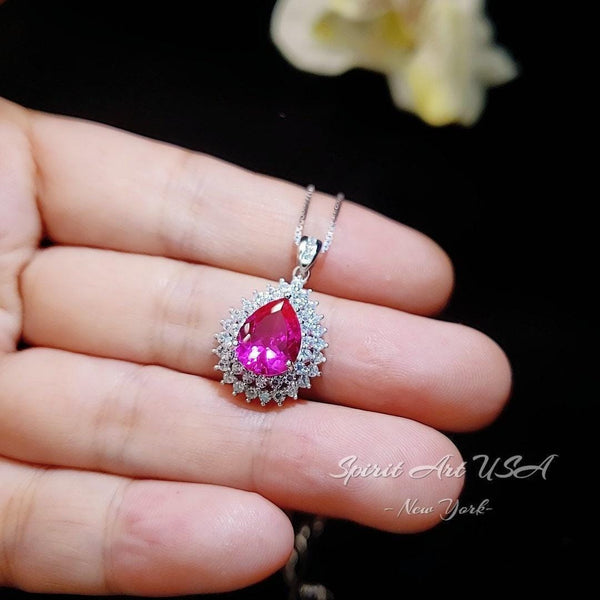 Double Halo Teardrop Pink Topaz Necklace - Gemstone Halo Teardrop Fuchsia Sapphire Pendant - 3 ct White Gold Coated Sterling Silver #758