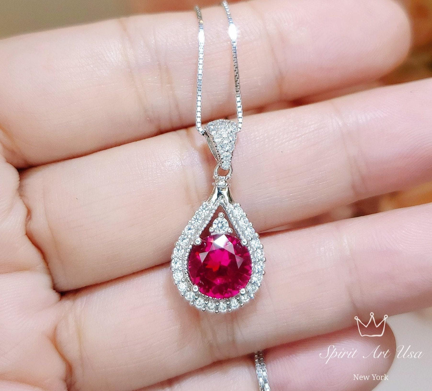 2.1 Ct Ruby Necklace - White Gold plated Sterling Silver Teardrop Created Red Gemstone Pendant Gemstone Halo Solitaire July Birthstone #153
